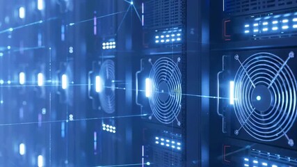 Modern data center with illuminated server racks and cooling systems, showcasing advanced technology infrastructure - Powered by Adobe
