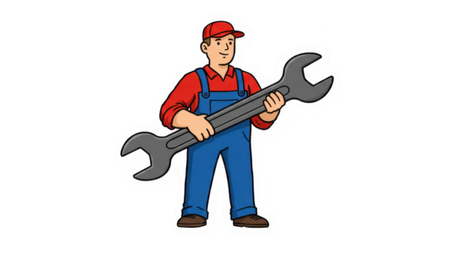 Cartoon Mechanic or Handyman Holding Large Wrench Sticker Illustration
