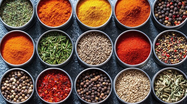 Assorted spices in small metal tins arranged in grid, colorful cooking ingredient flatlay for food styling or recipes