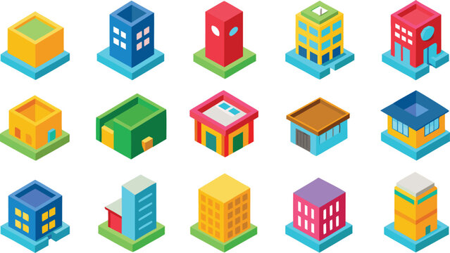 Isometric vector illustration of a colorful 3D city building set with houses and factories