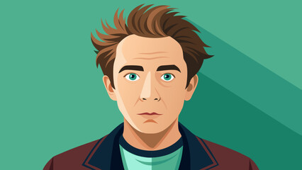 Fototapeta premium Vector art of a stylized cartoon portrait of a man with expressive blue eyes and messy brown hair, set against a teal background