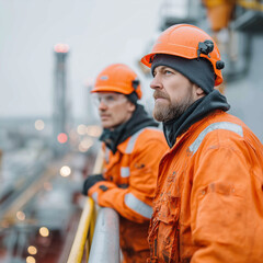 Two men in orange safety gear are standing on a railing overlooking a construction site. Scene is serious and focused, as the men are likely working on a project that requires their attention