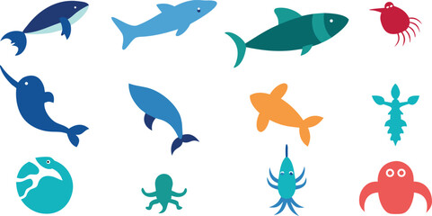 Naklejka premium Vector set of blue fish marine animal illustrations for underwater nature and ocean designs