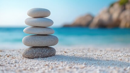 Fototapeta premium Balanced stacked stones on white sandy beach, peaceful zen nature scene for meditation, balance, and mindfulness themes