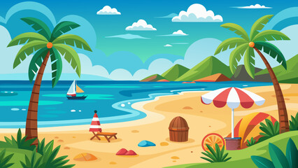Fototapeta premium Vector art of a serene beach with palm trees, a sailboat, and beach amenities like a chair and umbrella