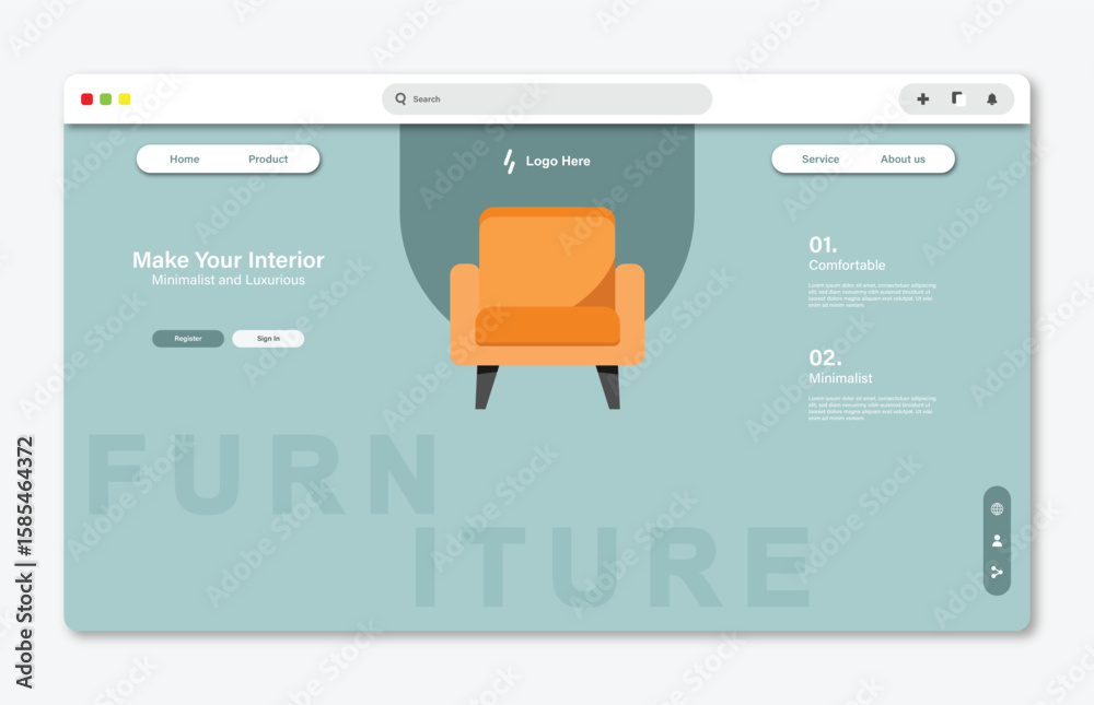 Wall mural chair store website landing page. graphical user interface for website page