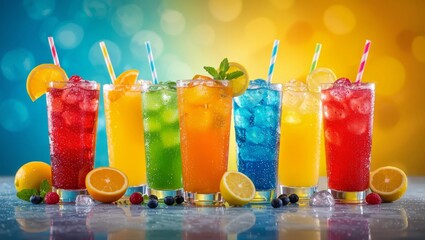 Fototapeta premium Colorful fruit cocktails entice with vibrant hues, a refreshing rainbow of flavors, and inviting presentation against a festive backdrop.