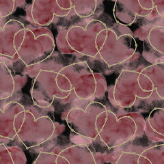 Seamless heart pattern made of knotted sea rope on a background of pink watercolor spots on a black background. For fabric, packaging, and covers.