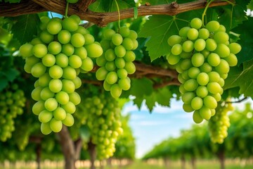 Fototapeta premium Verdant grapevines display fresh green grapes ready for harvest under the summer sun in a beautiful vineyard.