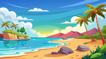 Obraz premium Vector art of a picturesque tropical island scene with lush greenery, palm trees, and a serene ocean view