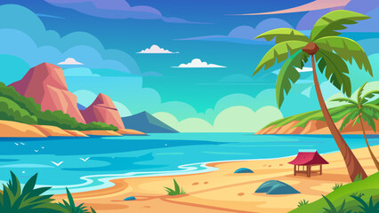 Obraz premium Vector art of a tranquil tropical beach features palm trees, a small hut, and distant mountains under a colorful sky