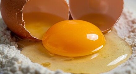 Vibrant egg yolk on white flour with a cracked shell perfect for baking
