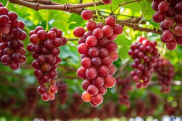 Fototapeta premium Lush red grapes hang heavy on the vine, promising a sweet harvest amid a vibrant green vineyard canopy.
