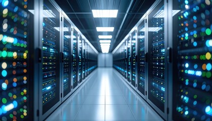 Modern Data Center Corridor With Glowing Lights