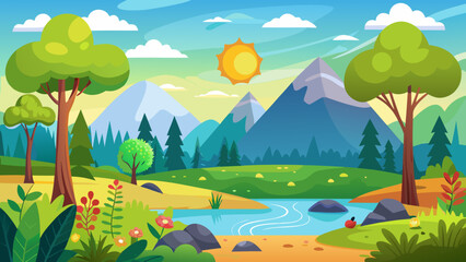 Fototapeta premium Vector art of a vibrant cartoon landscape unfolds with majestic mountains, a winding river, lush green trees, and colorful wildflowers under a bright sunny sky