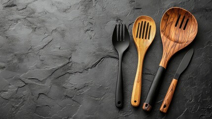 Black metal and wooden utensils on textured grey surface, stylish flatlay for cooking tools or restaurant branding