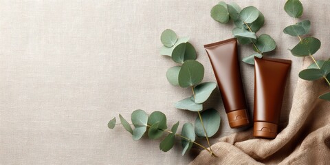 Cosmetic bottles with eucalyptus flowers towels and linen on pastel background top view flat lay natural organic skincare and spa concept perfect for beauty product branding body care wellness design