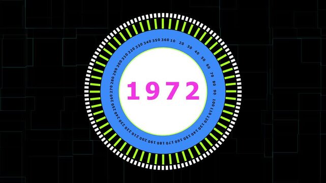 Retro 1972 Year Number Display with Circular Gauge and Digital Grid Background