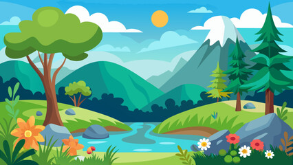 Obraz premium Vector art of a delightful cartoon landscape captures a tranquil river meandering through rolling green hills towards snowcapped mountains under a clear blue sky