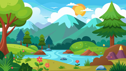 Obraz premium Vector art of a vibrant cartoon landscape unfolds with majestic mountains, a winding river, lush trees, and colorful flowers under a bright sunny sky