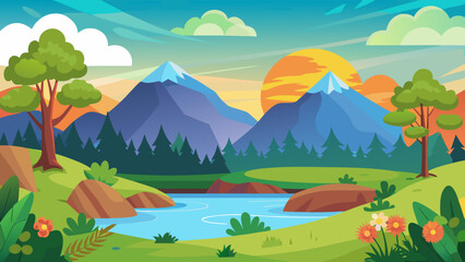 Fototapeta premium Vector art of a picturesque cartoon landscape at sunset showcases a calm river flowing between hills and mountains, bathed in the warm glow of the setting sun