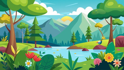 Fototapeta premium Vector art of a charming cartoon landscape depicts a tranquil river winding through green hills, framed by trees and blooming flowers, with a gentle sun rising in the sky