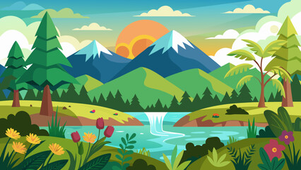 Obraz premium Vector art of a majestic cartoon landscape showcases snowcapped mountains, a cascading waterfall into a river, lush trees, and vibrant flowers under a dramatic sunset sky