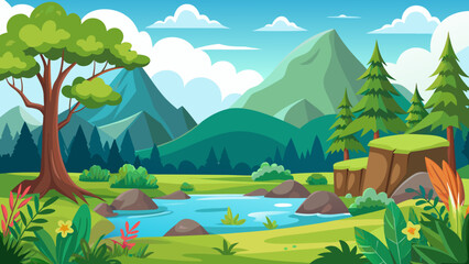 Fototapeta premium Vector art of a vibrant cartoon landscape featuring majestic green mountains, a winding river, and lush trees under a bright blue sky with fluffy clouds