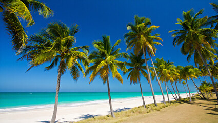 Obraz premium Tropical Paradise Beach with Palm Trees and Turquoise Sea under Bright Blue Sky