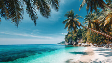 Obraz premium Tropical Paradise Beach with Palm Trees and Turquoise Sea under Bright Blue Sky