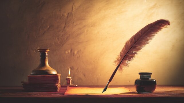 Nostalgic writing setup with elegant feather quill, aged parchment, dark glass inkwell, stack of old books, and warm candlelight on wooden surface.