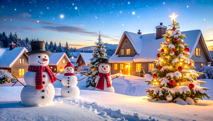 Obraz premium Snowman Family in a Snowy Village at Christmas Night