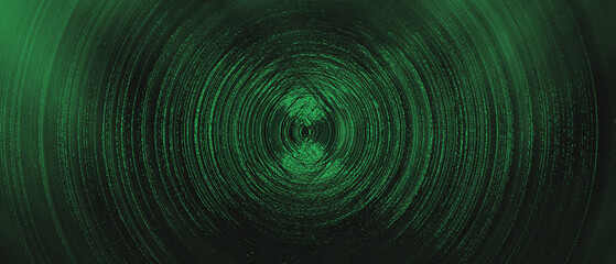 Dark green circular swirl texture with glowing radial lines and mysterious feel