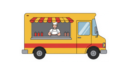 Cartoon Food Truck with Chef Preparing Food