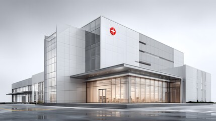 Modern hospital building with glass entrance and red cross symbol on a cloudy day with wet pavement
