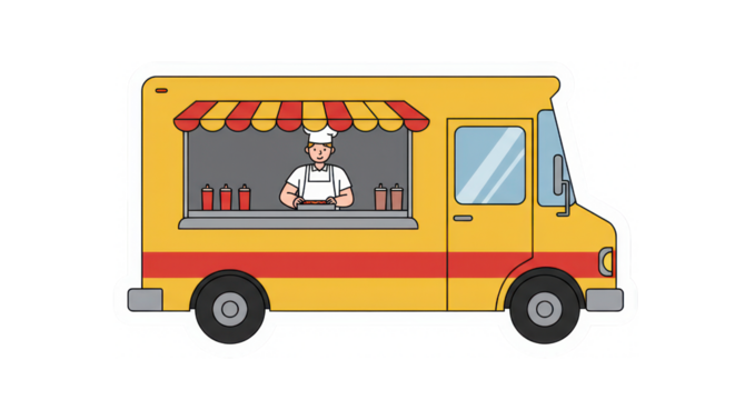 Cartoon Food Truck with Chef Preparing Food - Powered by Adobe