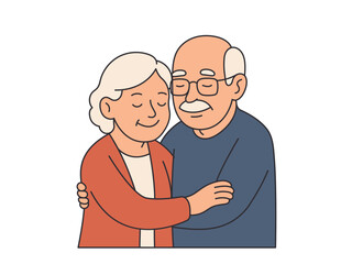 Elderly couple hugging, happy together. Gray-haired old man and old woman love each other, support. Vector flat graphics