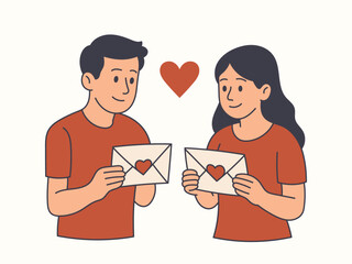 Illustration Of Young couple exchanging love letters with hearts floating around them