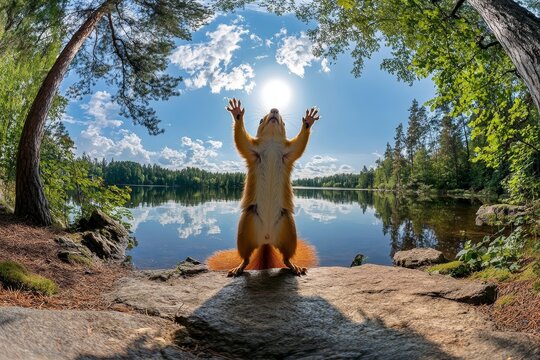 A humorous red squirrel stands in the forest as if it's the Master of the Universe
