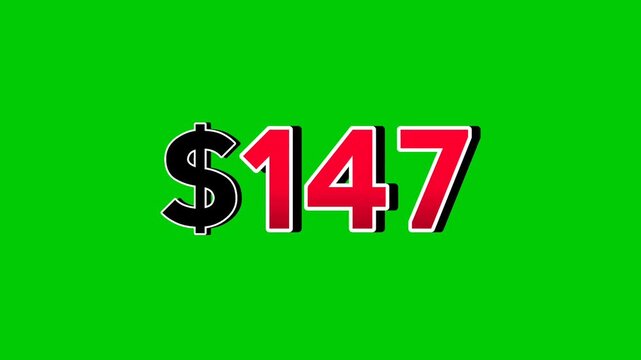 Animation number $147 dollar sign motion graphics with smoke effect green screen background vibrant red numbers. Video 3D effect with shadows for video elements business concept