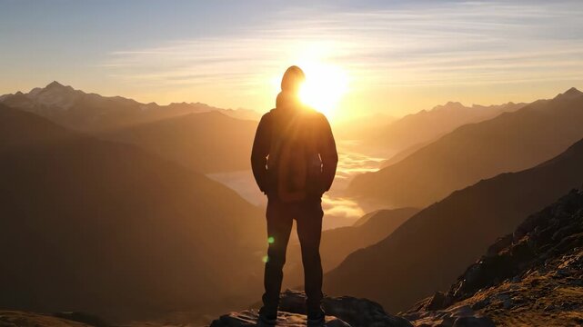 Hiker silhouette on mountain peak at sunrise scenic view landscape travel adventure photography