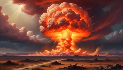 A massive mushroom cloud erupts over a desolate desert landscape, creating a scene of utter destruction.