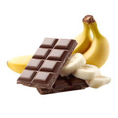 Dark Chocolate Bar and Ripe Bananas on White Background
