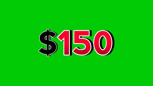 Animation number $150 dollar sign motion graphics with smoke effect green screen background vibrant red numbers. Video 3D effect with shadows for video elements business concept