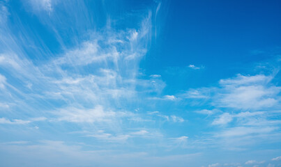 Clear blue sky with soft white clouds, perfect for backgrounds, nature themes, freedom, relaxation,...