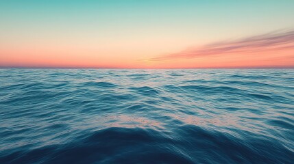 Obraz premium Calm ocean sunset horizon with soft pastel colors, tranquil sea landscape with gentle waves and serene atmosphere