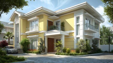 Luxurious modern yellow residential house with white trim and balconies surrounded by lush green trees and landscaping