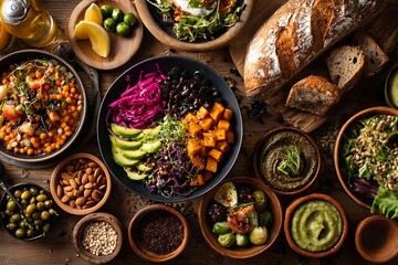 A table spread with vibrant vegan foods, promoting wellness through plant-based eating choices and nutritious, wholesome ingredients.