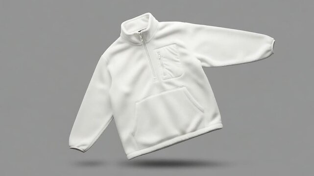 Isolated White Fleece Quarter-Zip Pullover with Front Pocket on Gray Background