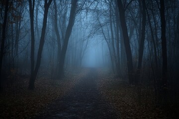 The forest was shrouded in a thick fog with mist, creating a fairy spooky atmosphere in the woods on a misty day, reminiscent of a cold foggy morning in a horror forest surrounded by trees